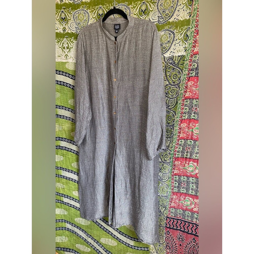 Eileen Fisher Yarn-Dyed Silk/ Linen Handkerchief Farmhouse Shirt Dress Size 1X - Picture 2 of 15
